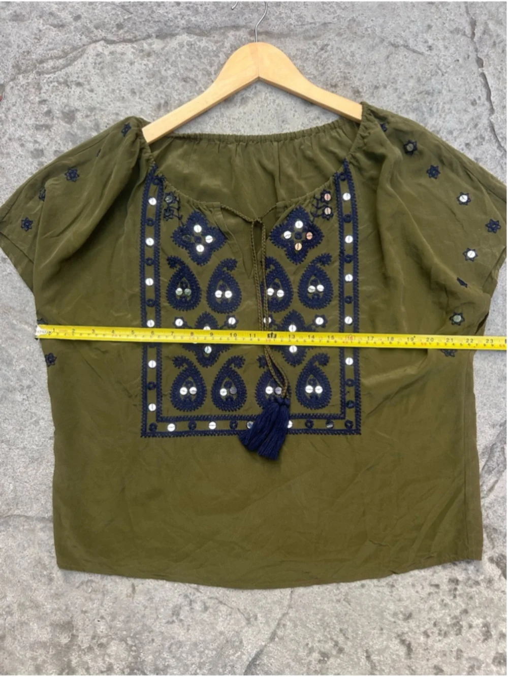 Tory Burch 100% Silk Embroidered Mirror Peasant Blouse Olive Green Boho Festival